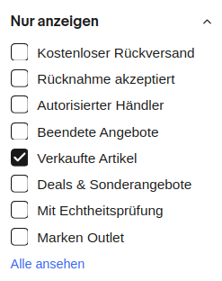 Verkaufte Artikel Filter