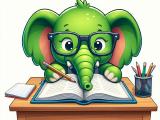 Grüner Elephant der am Schreibtisch ein Buch bearbeitet.