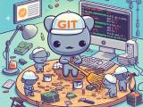 Figure named git standing on a messy desk in front of a monitor