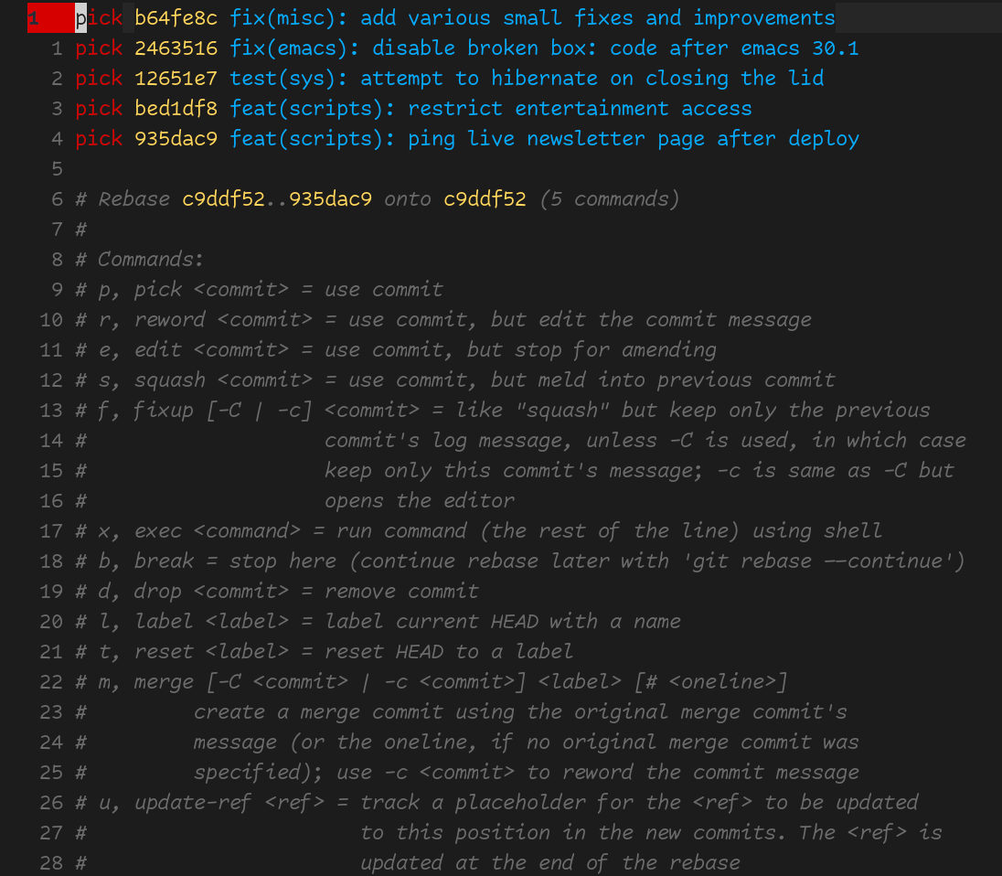 Rebase menu with all commands listed
