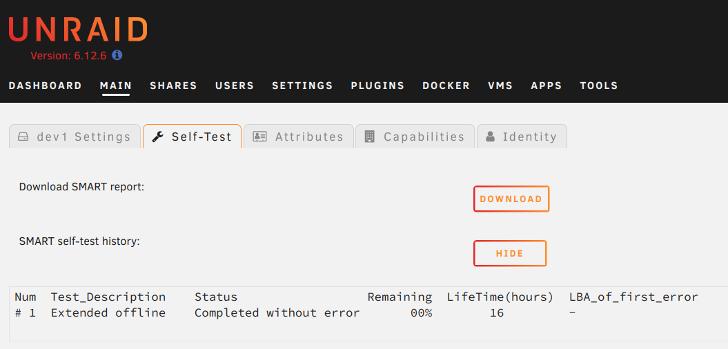 SMART test results in the UNRAID UI without errors